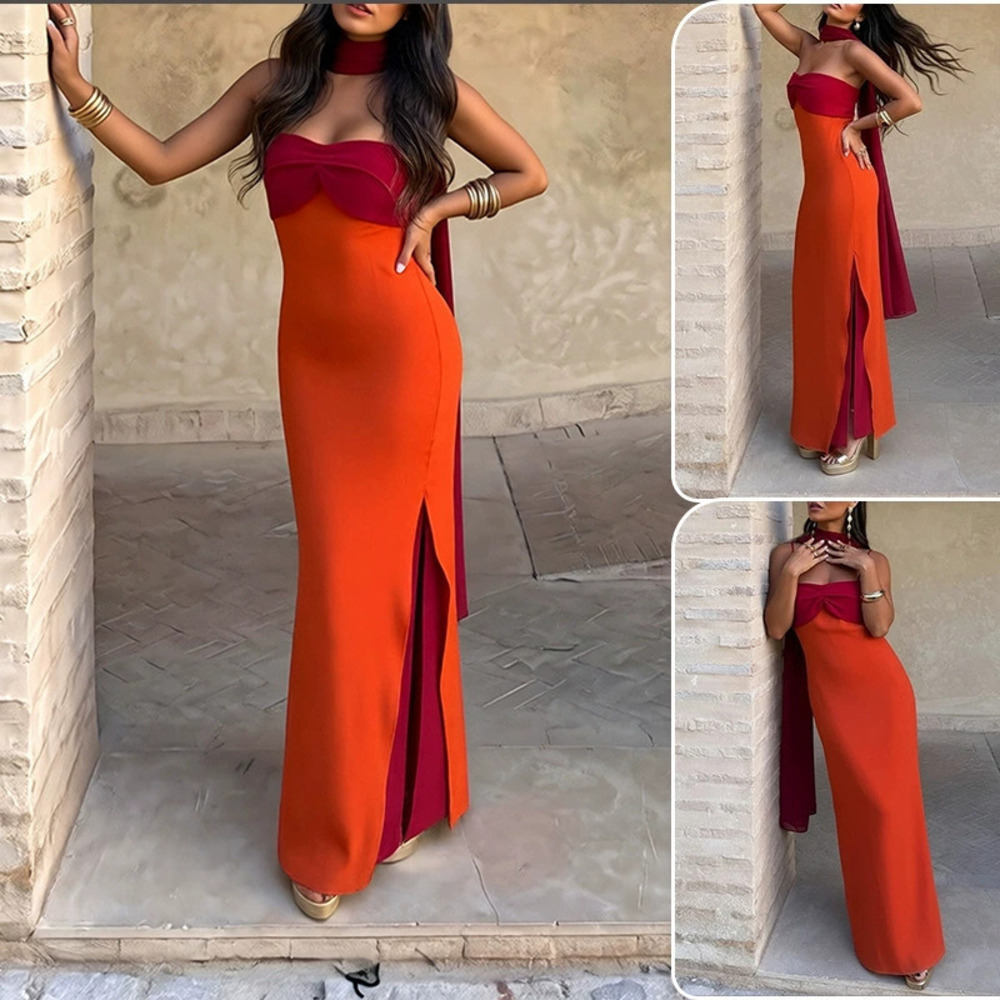 ZARA Autumn Ribbon Banquet Dress Elegant Paneled Evening Gown with Slit